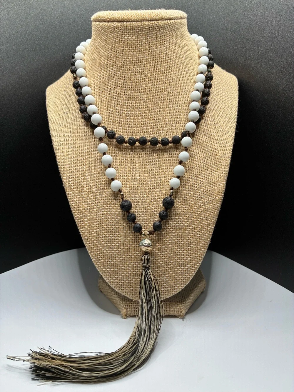 Vintage Layered Mixed Black and White Beaded Necklace with Tassel